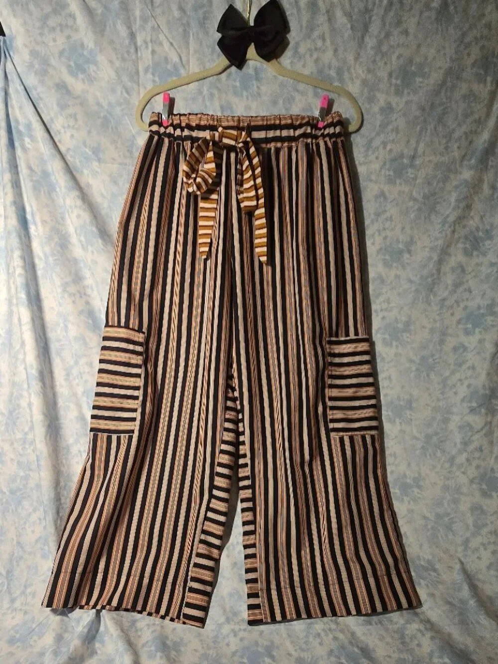 Boho Vertical Striped Paperbag Waist Wide Leg Pants - Cargo Pockets & Belt